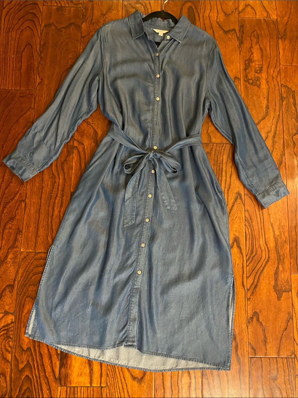 Time and Tru Blue 100% Lyocell Button-Front Shirt Dress with Tie Waist